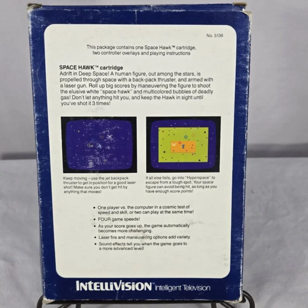 Space Hawk, Intellivision, Mattel 1981 Complete box overlays manual vintage Exc